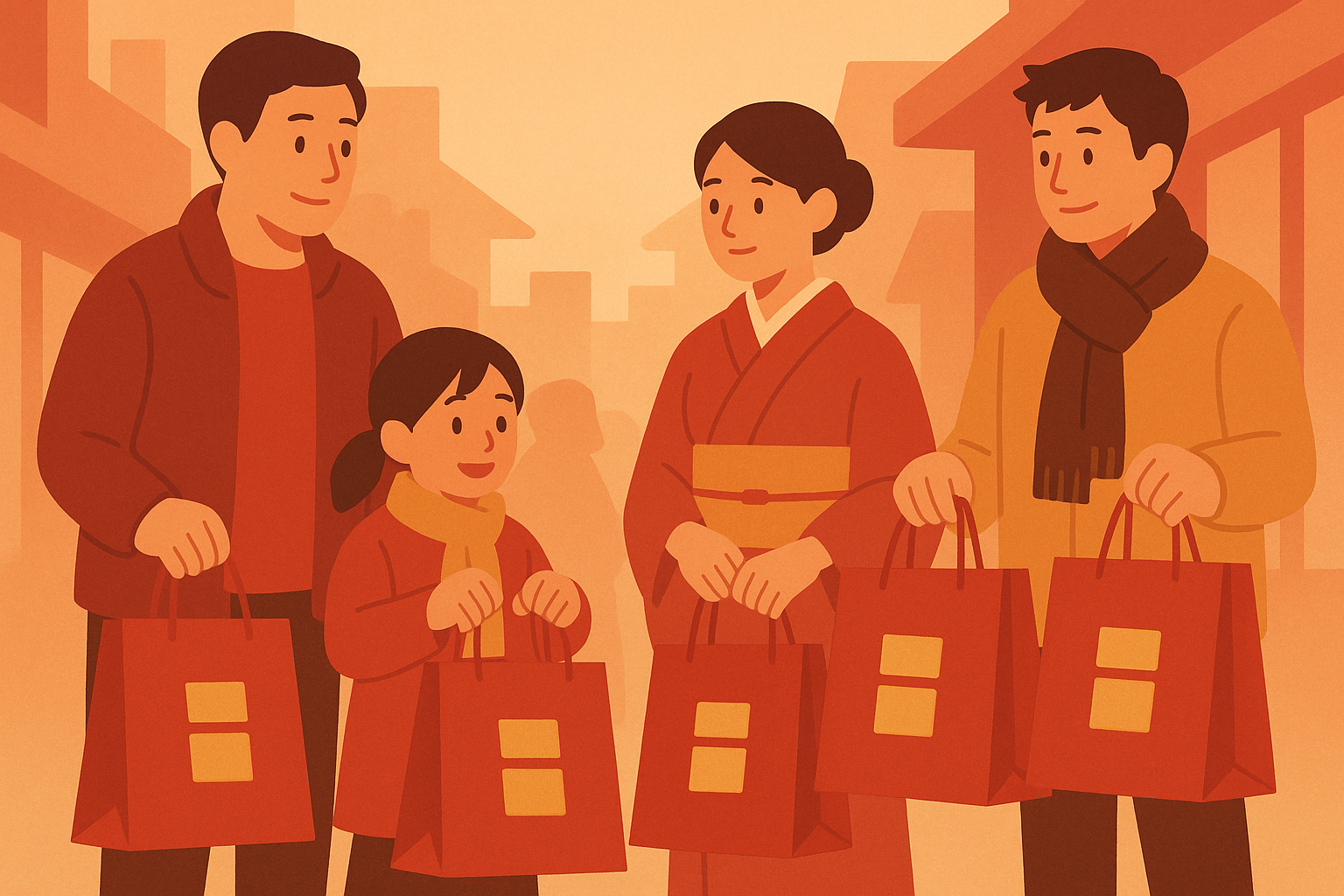 福袋を手にする人々の風景
